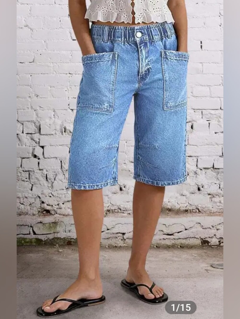 Flamingals Elastic High Rise Patch Pocket Straight Leg Bermuda Denim Shorts